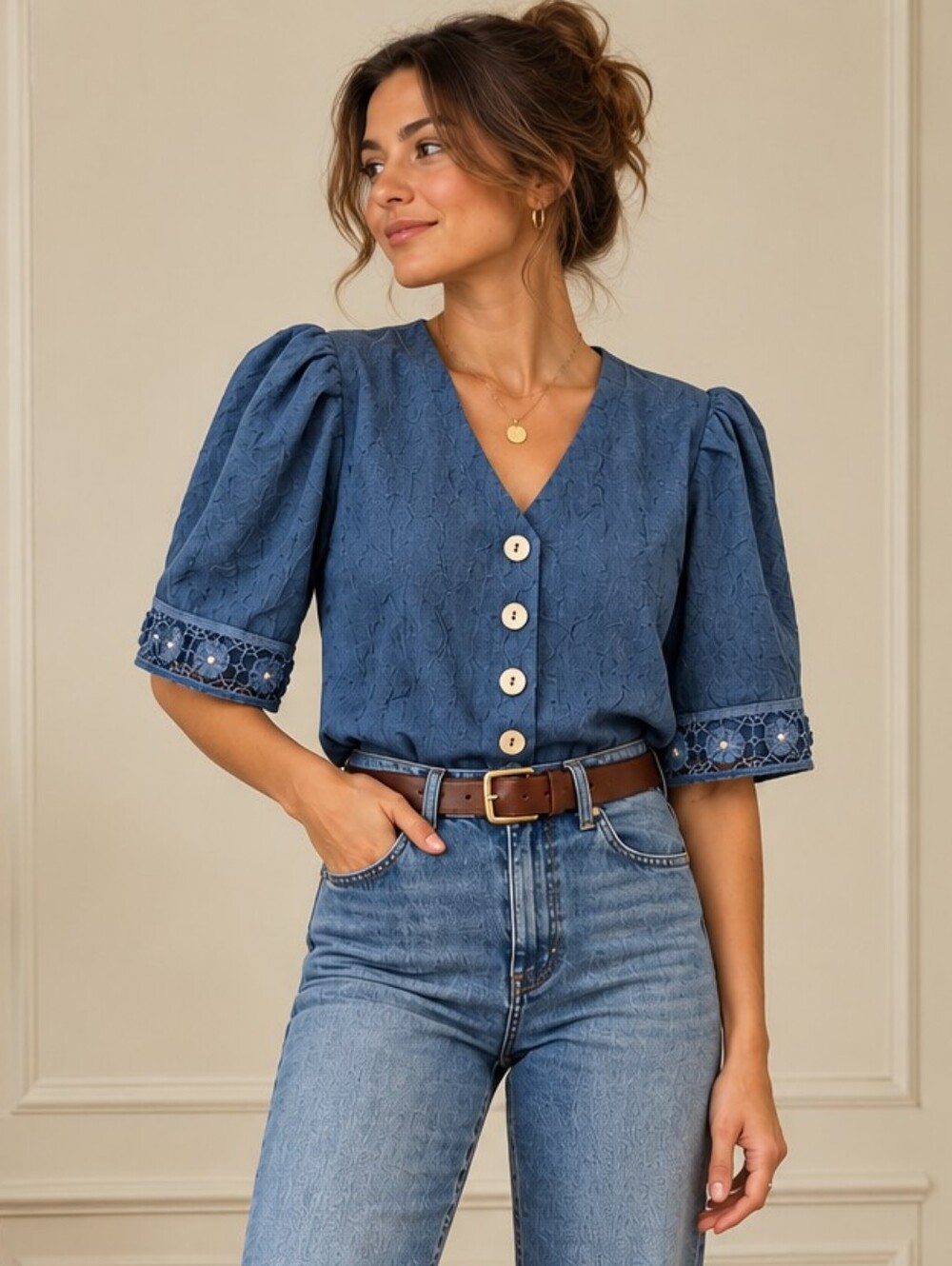 Vintage Hammerschmid Coquette Wool Blouse Puff Sleeve Blue Cottagecore Top S/M